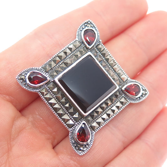 925 Sterling Silver Vintage Real Black Onyx Red Garnet & Marcasite Pin Brooch