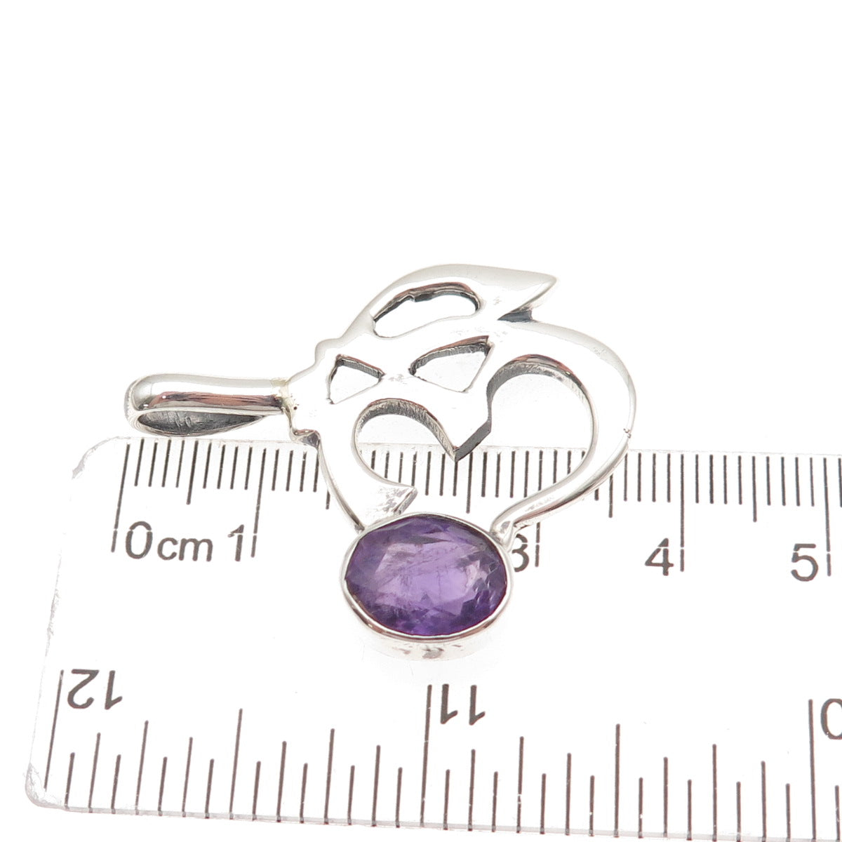 925 Sterling Silver Vintage Real Oval-Cut Amethyst Om Mantra Charm Pendant