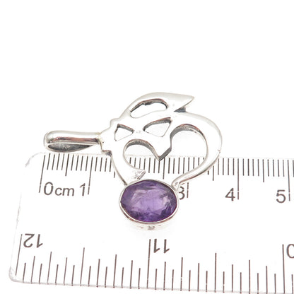 925 Sterling Silver Vintage Real Oval-Cut Amethyst Om Mantra Charm Pendant