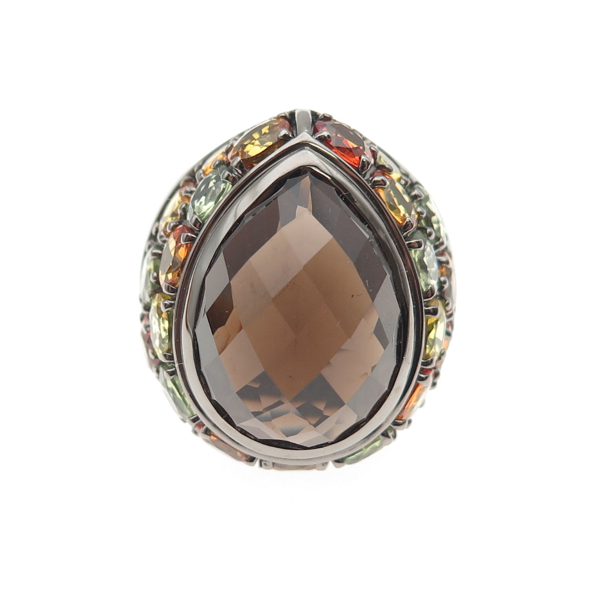 Sheridan Kennedy Sterling Black Rhodium Smoky Quartz & Sapphire Ring Size 10.25