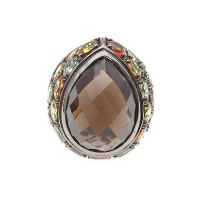 Sheridan Kennedy Sterling Black Rhodium Smoky Quartz & Sapphire Ring Size 10.25