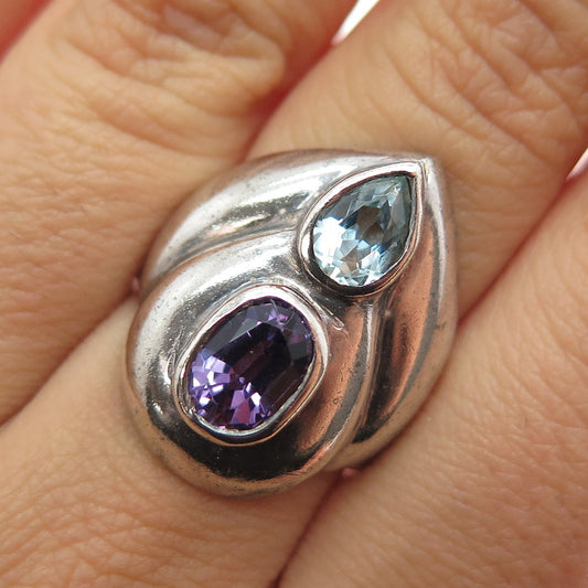 925 Sterling Silver Vintage Real Amethyst & Blue Topaz Modernist Ring Size 7