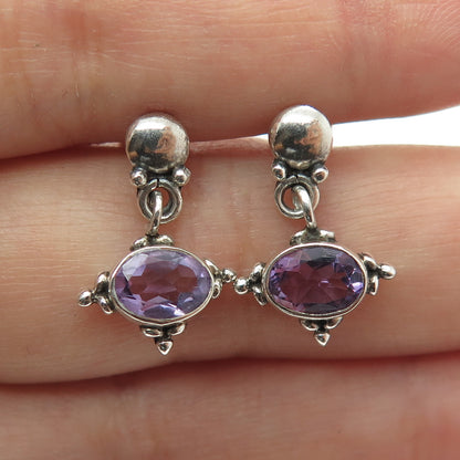 925 Sterling Silver Vintage Real Amethyst Granulated Oxidized Earrings