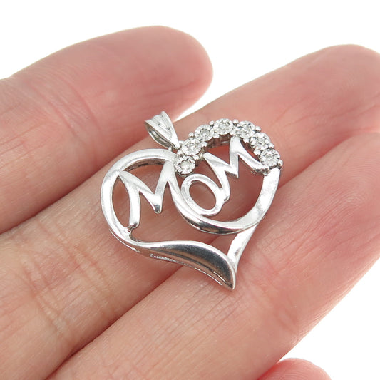 REGINA LANE 925 Sterling Silver Real Round-Cut Diamond "Mom" Heart Pendant