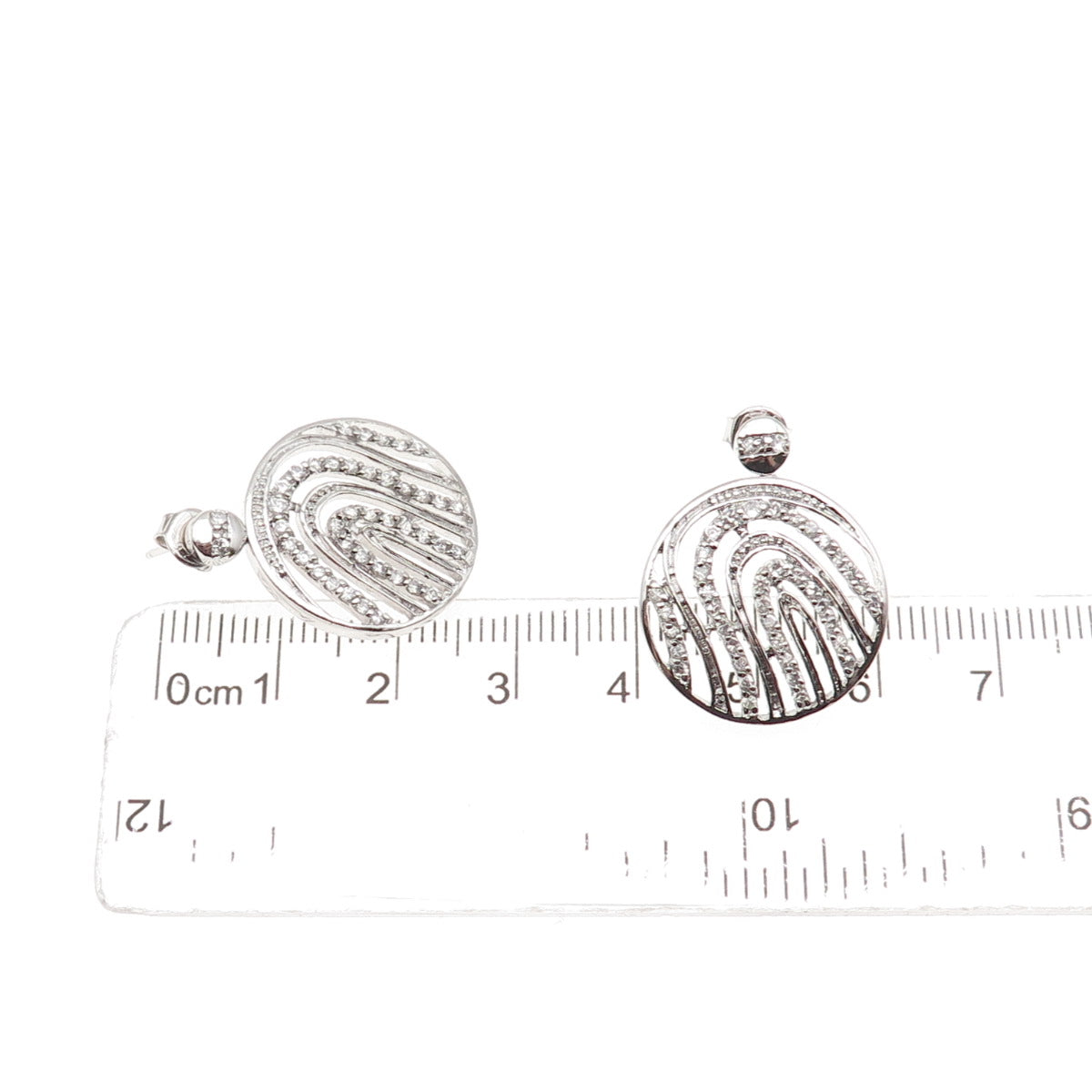 925 Sterling Silver Round-Cut C Z Fingerprint Disc Dangle Earrings