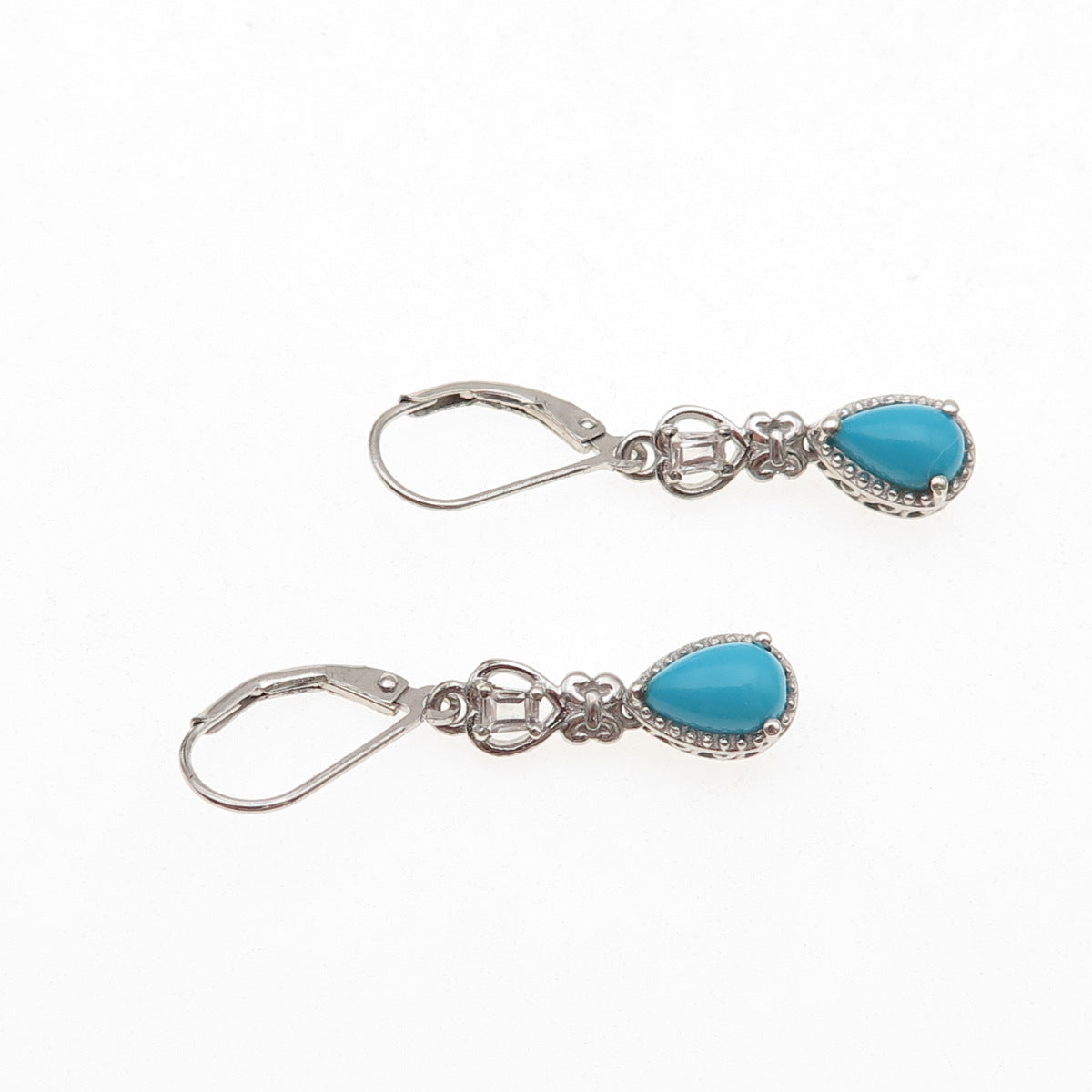 Chuck Clemency 925 Sterling Silver Real Turquoise & White Topaz Dangle Earrings