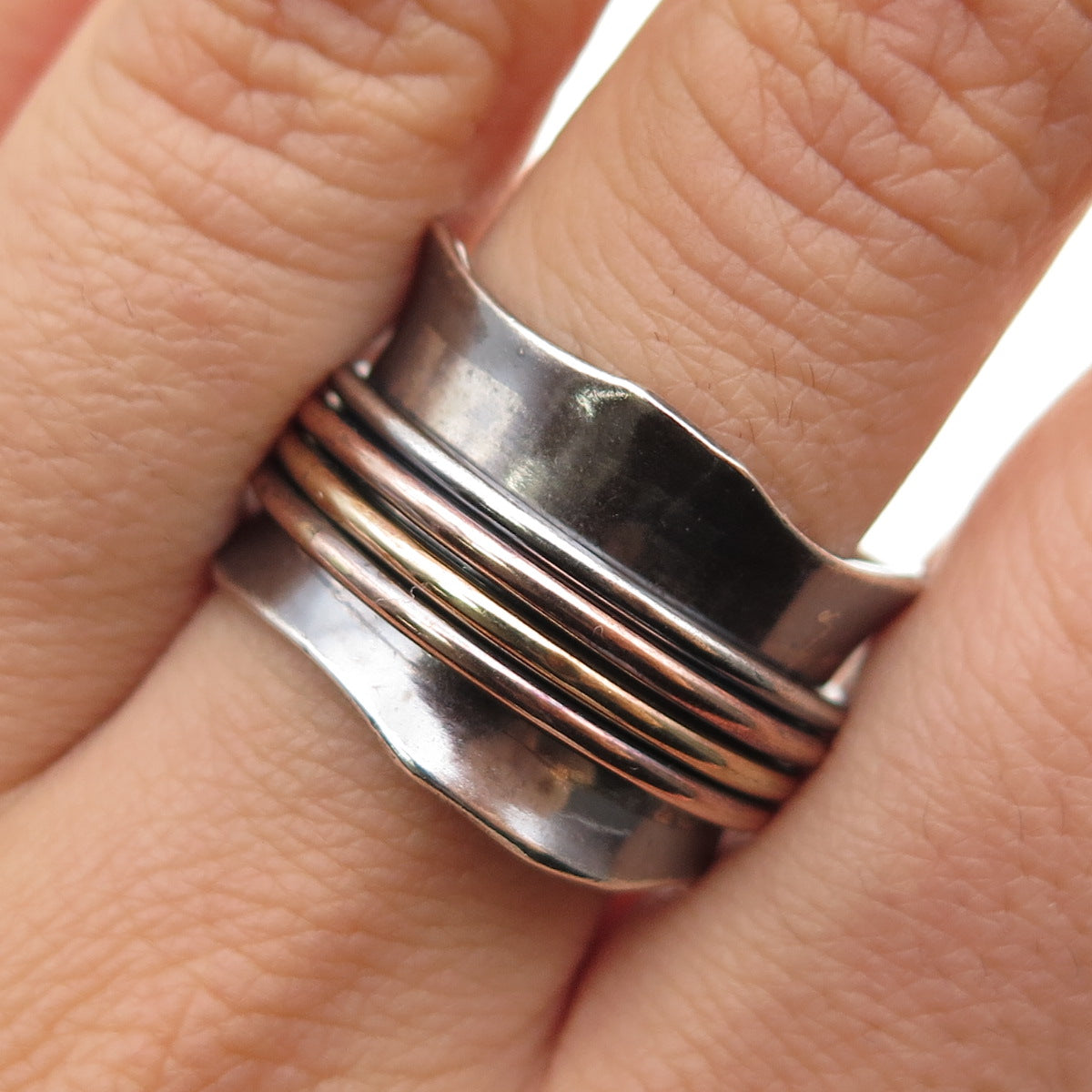 925 Sterling Silver 3-Tone Vintage Modernist Rotating Band Oxidized Ring Size 9