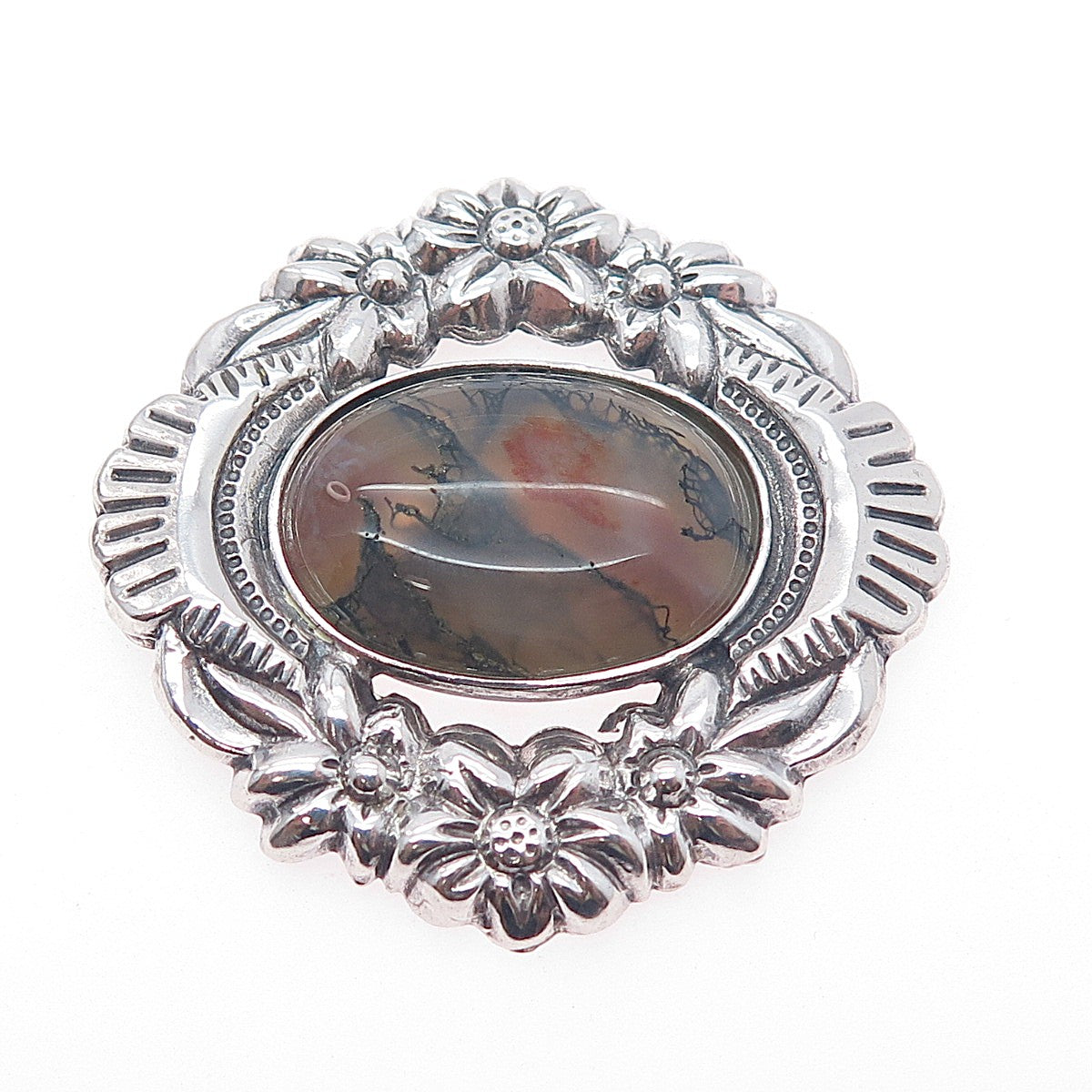 925 Sterling Silver Vintage Real Moss Agate Flower Oxidized Slide Pendant