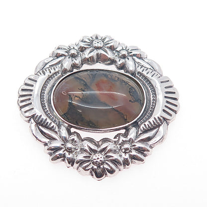 925 Sterling Silver Vintage Real Moss Agate Flower Oxidized Slide Pendant