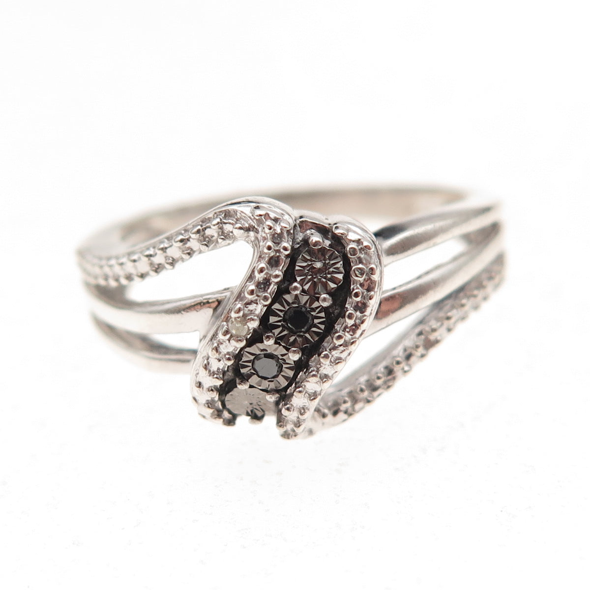Jane Seymour 925 Sterling Silver Real Black & White Diamond Wavy Ring Size 7
