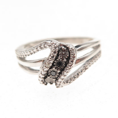 Jane Seymour 925 Sterling Silver Real Black & White Diamond Wavy Ring Size 7