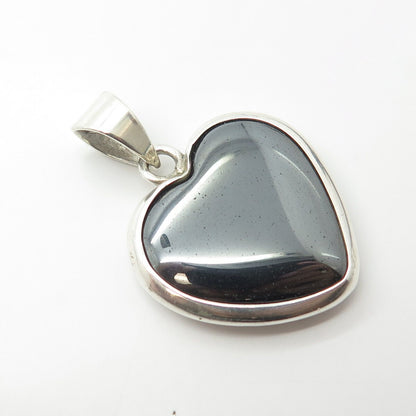 925 Sterling Silver Vintage AIS Mexico Real Hematite Gem Heart Pendant