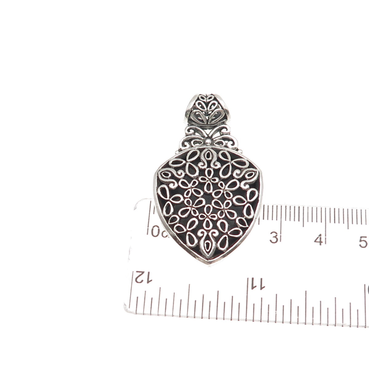 925 Sterling Silver Vintage Mexico Floral Ornate Oxidized Slide Charm Pendant