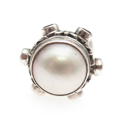 925 Sterling Silver Vintage Real Pearl & Red Garnet Modernist Ring Size 7
