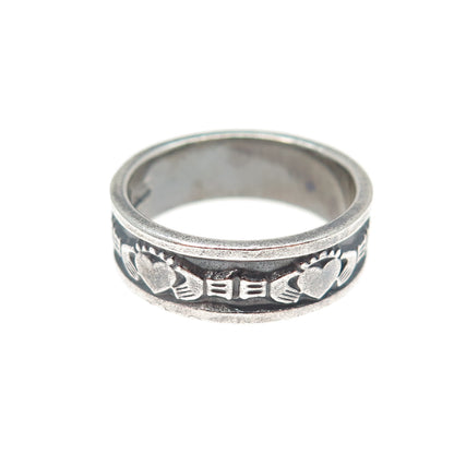 925 Sterling Silver Vintage CHJ Dublin Irish Claddagh Oxidized Band Ring Size 6