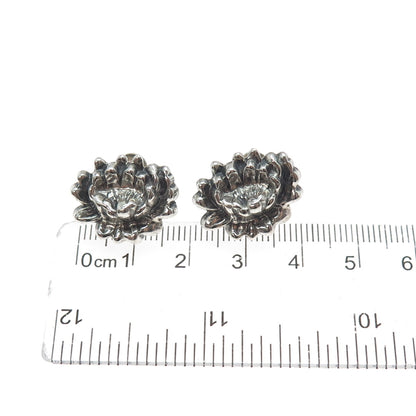 JEWELART Sterling Silver Antique Art Deco Flower Oxidized Screw Back Earrings