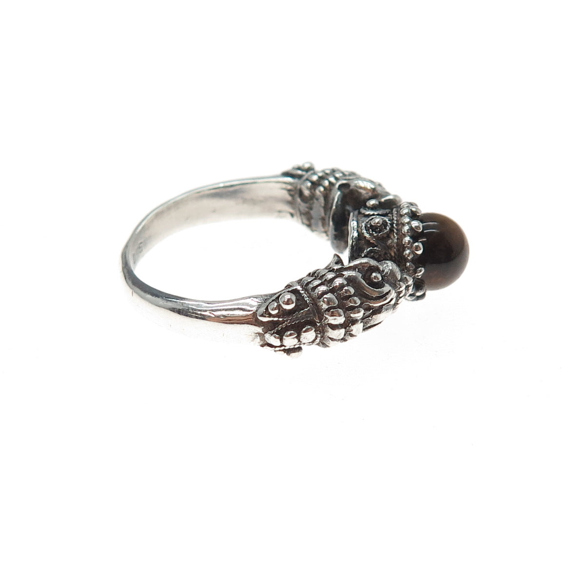 950 Silver Vintage Real Tiger Eye Dragon Oxidized Ring Size 5.5