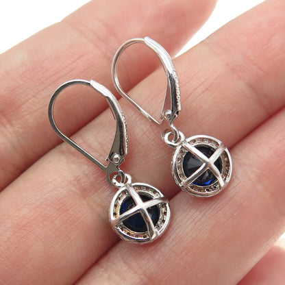 925 Sterling Silver Lab-Created Sapphire & C Z Dangle Earrings