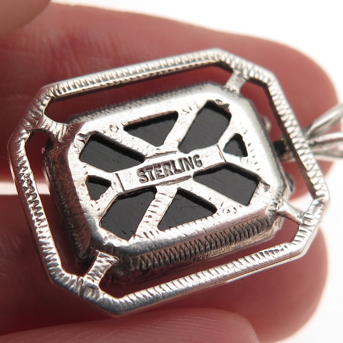 925 Sterling Silver Vintage Real Black Onyx & C Z Oxidized Charm Pendant
