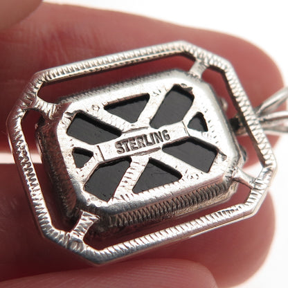925 Sterling Silver Vintage Real Black Onyx & C Z Oxidized Charm Pendant
