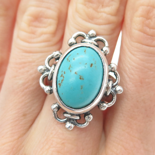 925 Sterling Silver Vintage Real Turquoise Fleur de Lis Oxidized Ring Size 8.75