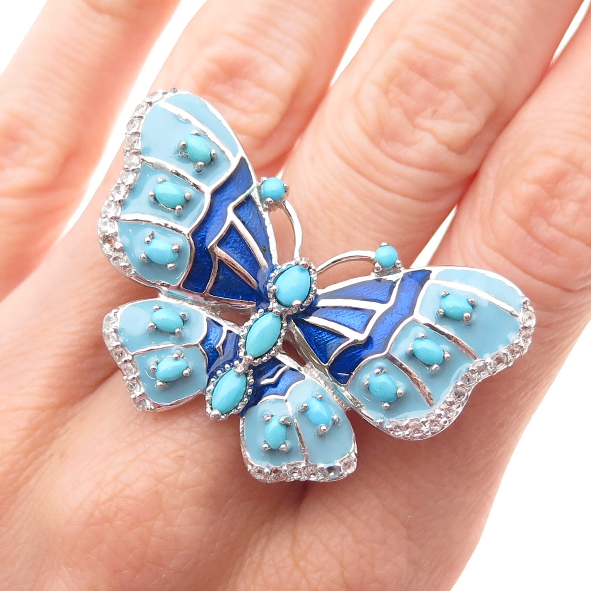 Chuck Clemency Sterling Silver Enamel Real Turquoise Topaz Butterfly Ring Size 8
