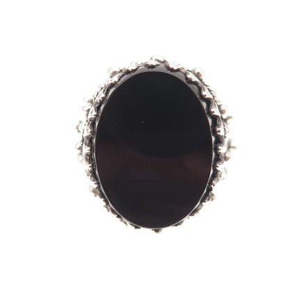 925 Sterling Silver Vintage Real Black Onyx Filigree Oxidized Ring Size 7.25