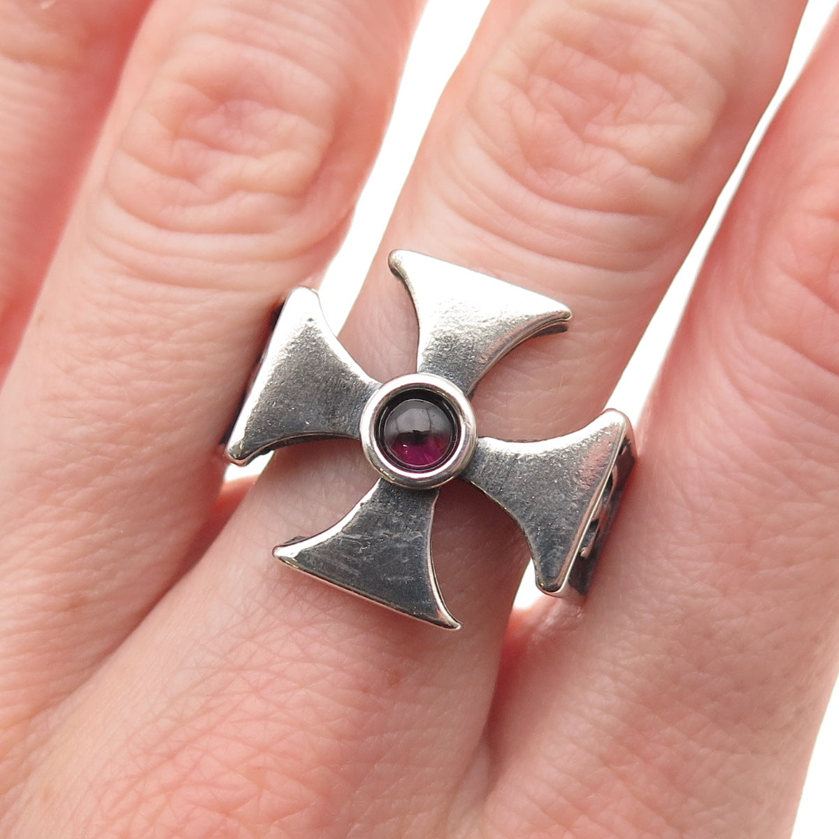 925 Sterling Silver Vintage Real Rhodolite Gothic Cross Oxidized Ring Size 12