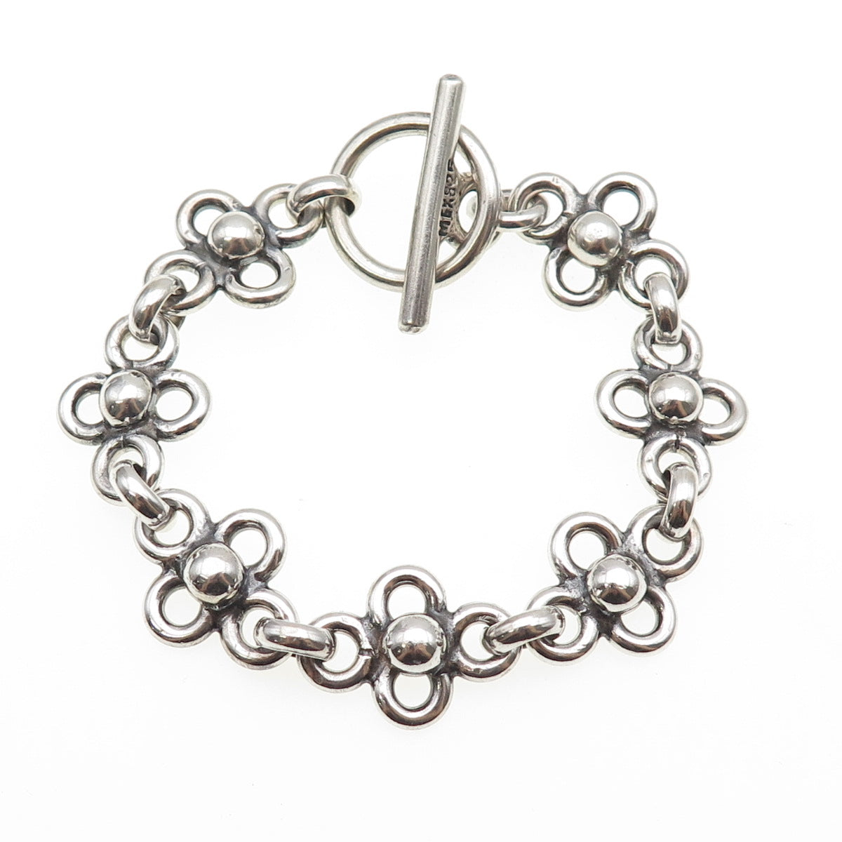 925 Sterling Silver Vintage Mexico Modernist Flower Link Bracelet 6.25"