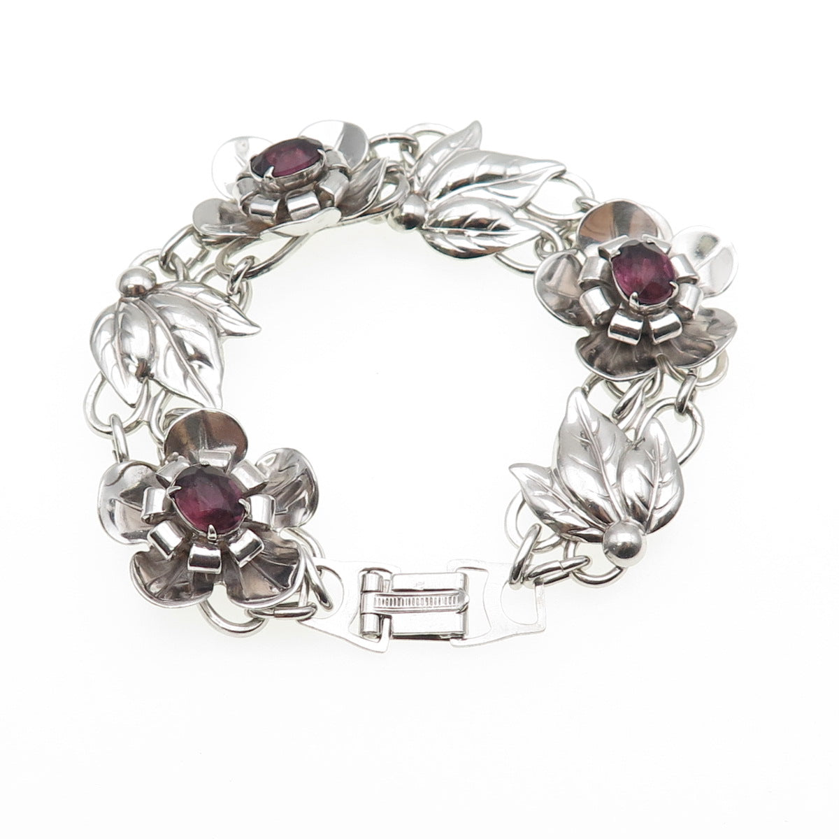 925 Sterling Silver Antique Art Deco Real Oval-Cut Tourmaline Flower Bracelet 7"