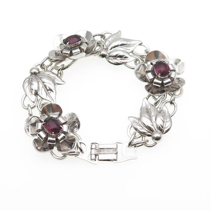 925 Sterling Silver Antique Art Deco Real Oval-Cut Tourmaline Flower Bracelet 7"