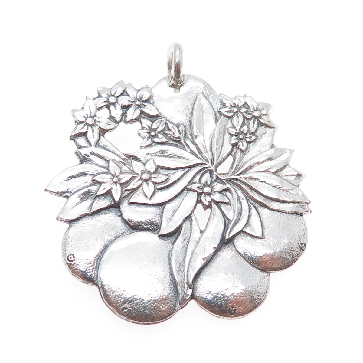 925 Sterling Silver Vintage Pear & Flower Oxidized Pin Brooch / Pendant