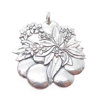 925 Sterling Silver Vintage Pear & Flower Oxidized Pin Brooch / Pendant