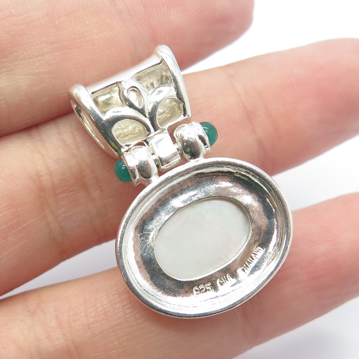 925 Sterling Silver Vintage Real Mother-of-Pearl & Chalcedony Gemstone Pendant