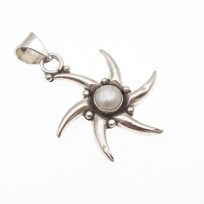 925 Sterling Silver Vintage Real Pearl Sunburst Oxidized Charm Pendant
