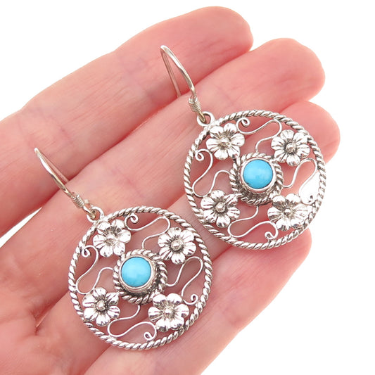 925 Sterling Silver Vintage Real Turquoise Floral Oxidized Dangle Earrings