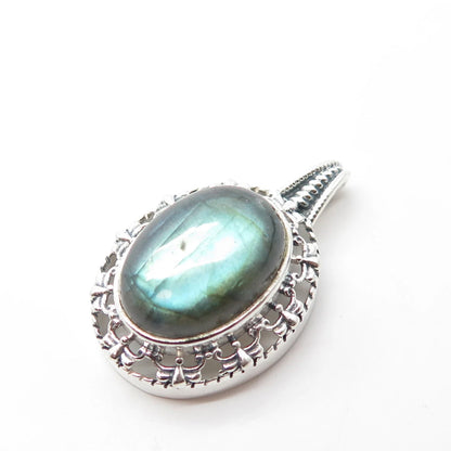 925 Sterling Silver Vintage Real Cabochon Labradorite Gem Swirl Oval Pendant