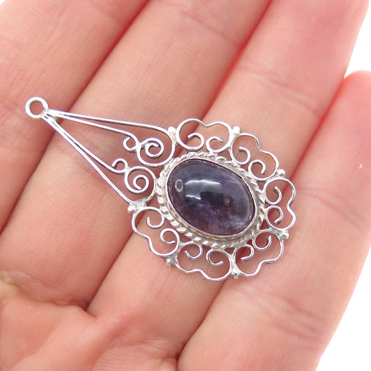 925 Sterling Silver Vintage Mexico Real Amethyst Ornate Charm Pendant