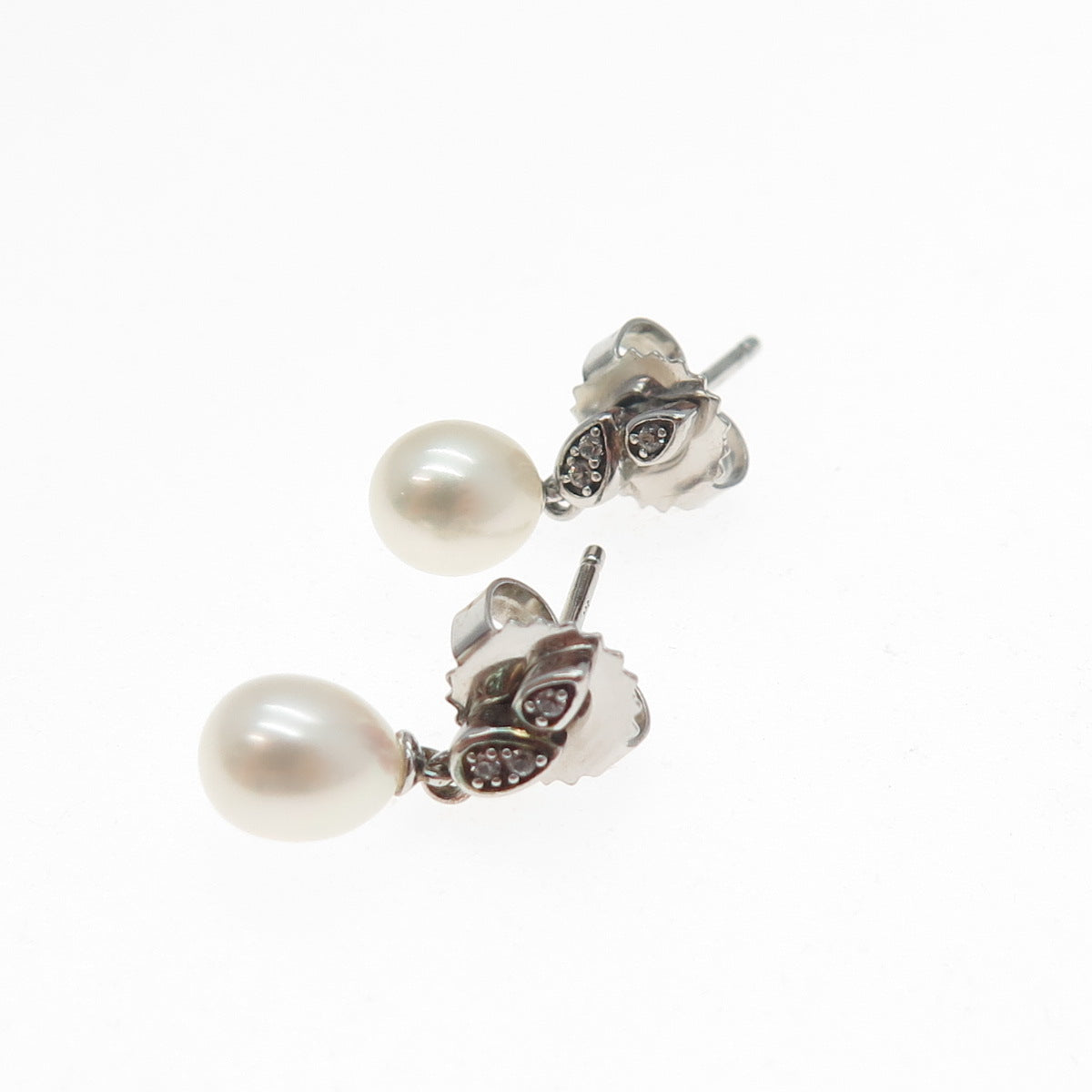 MICHELLE ALBALA Sterling Silver Real Pearl & White Topaz Floral Dangle Earrings