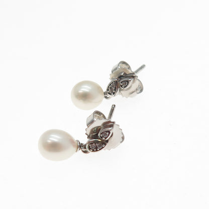 MICHELLE ALBALA Sterling Silver Real Pearl & White Topaz Floral Dangle Earrings