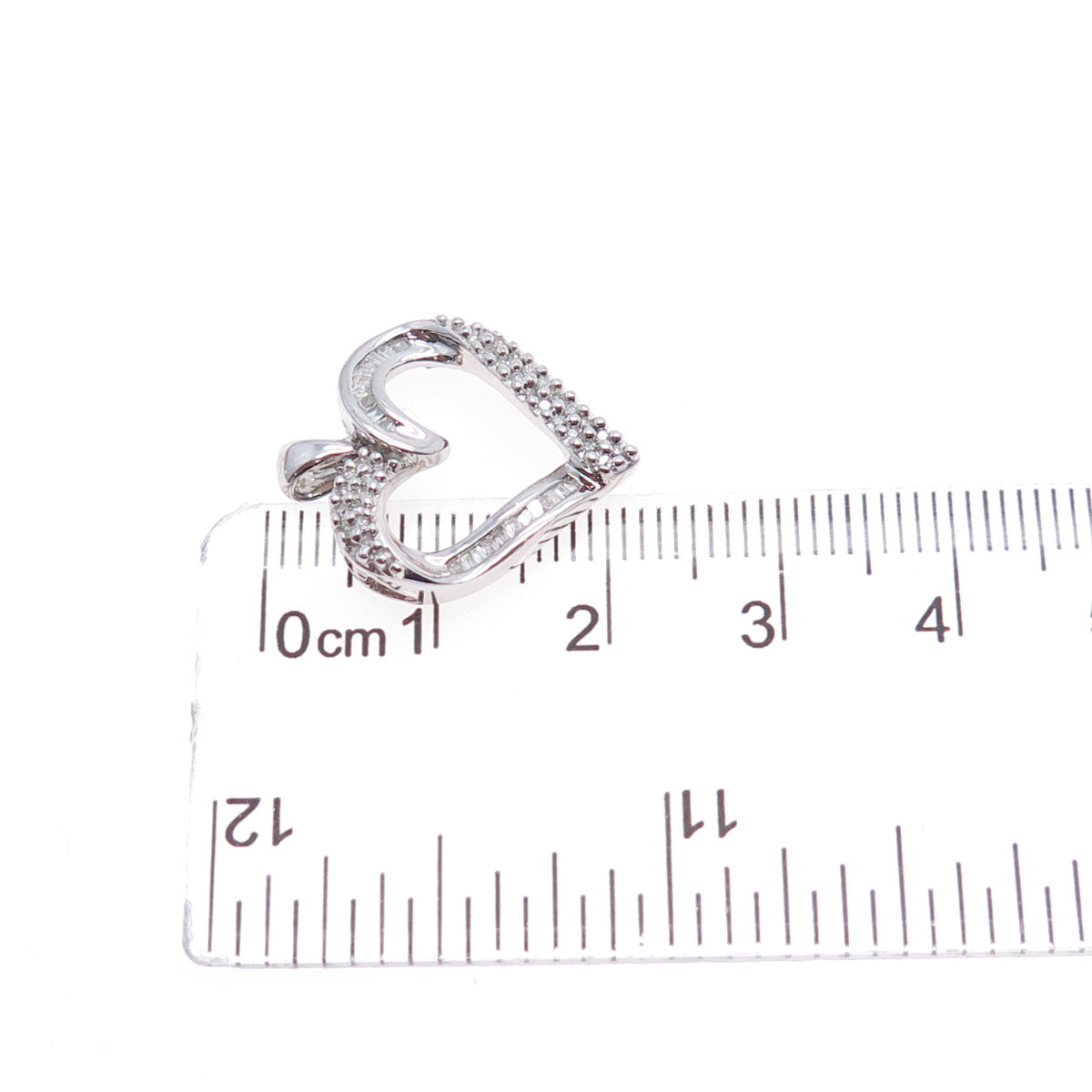 SUN 925 Sterling Silver Real Round & Tapered Baguette-Cut Diamond Heart Pendant
