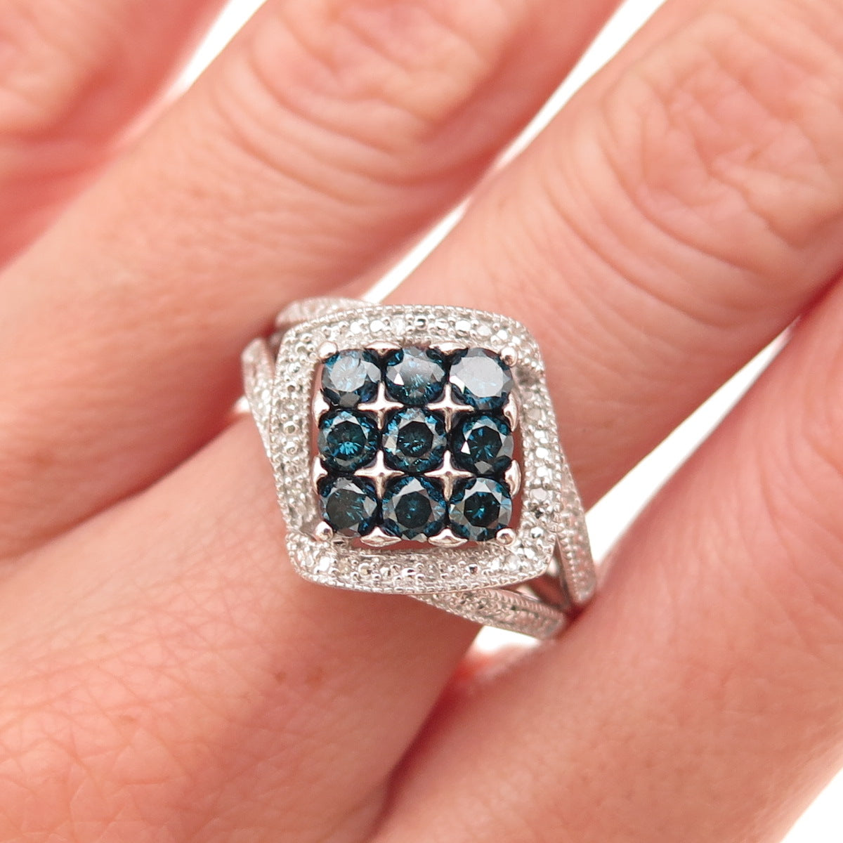 Sun 925 Sterling Silver Real Round-Cut Blue & White Diamond Ring Size 7
