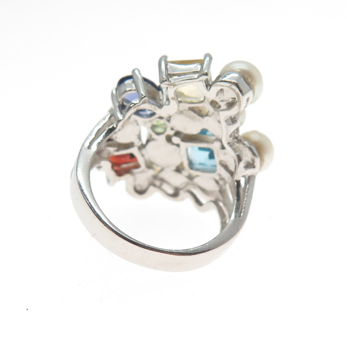925 Sterling Silver Real Pearl Topaz Citrine Peridot Garnet & Iolite Ring Size 5