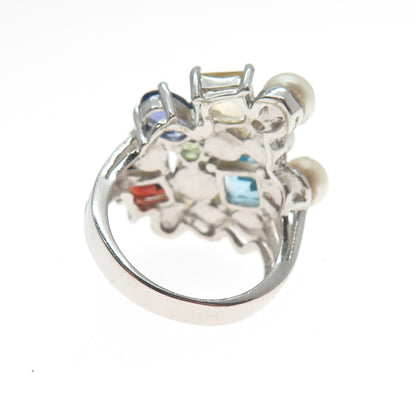 925 Sterling Silver Real Pearl Topaz Citrine Peridot Garnet & Iolite Ring Size 5
