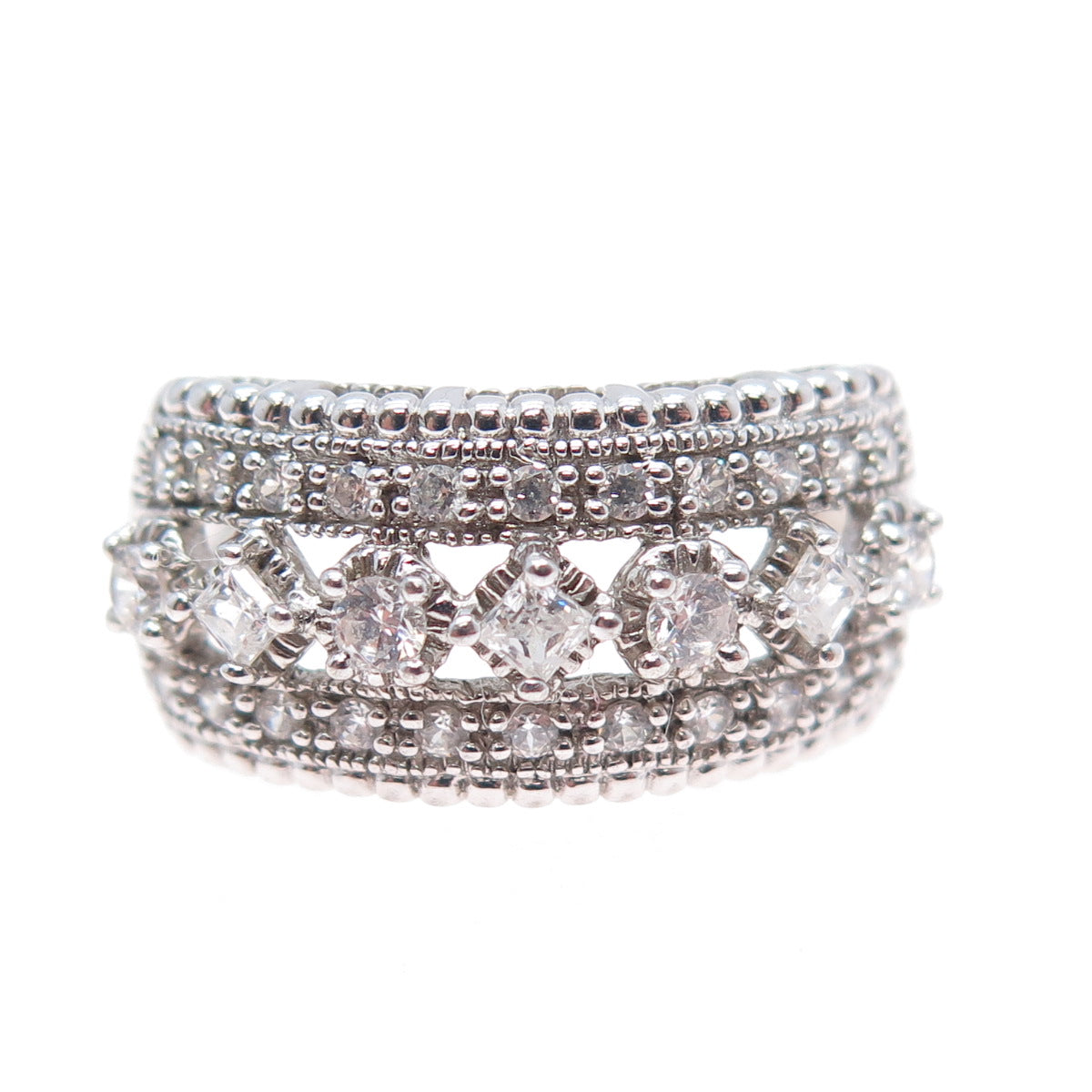 MEDA 925 Sterling Silver Princess & Round-Cut C Z Ring Size 7