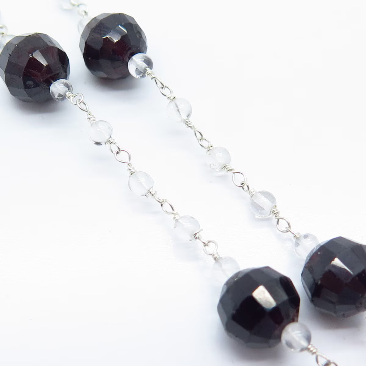 925 Sterling Silver Vintage Red Garnet & Clear Quartz Ball Chain Necklace 16"