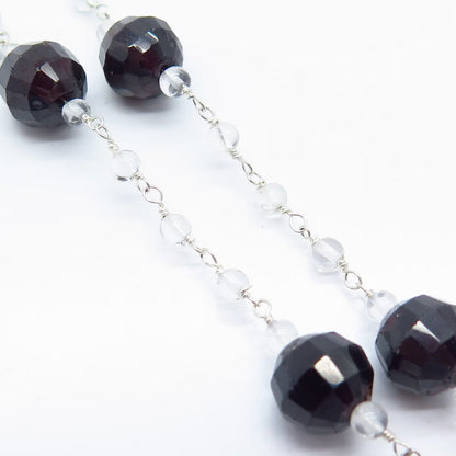 925 Sterling Silver Vintage Red Garnet & Clear Quartz Ball Chain Necklace 16"