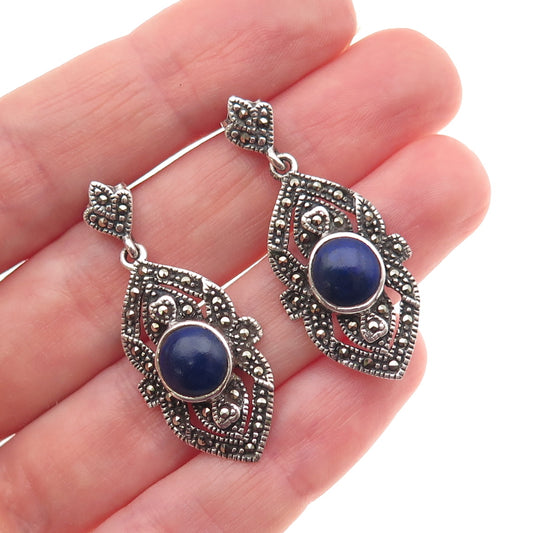 925 Sterling Silver Vintage Real Lapis & Marcasite Art Deco Style Earrings