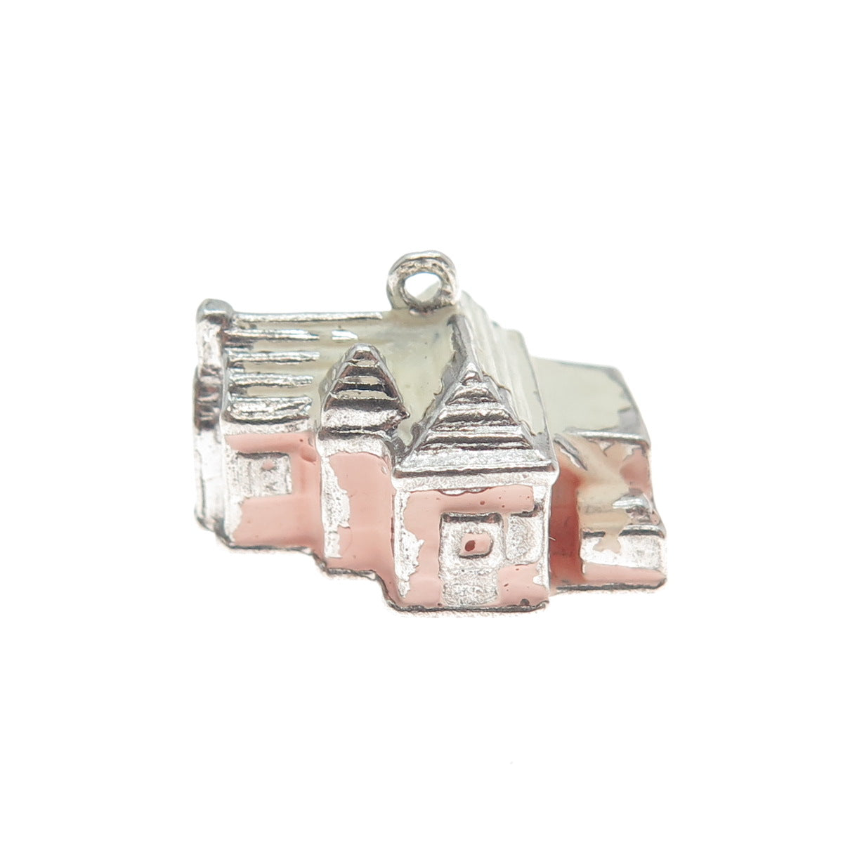 WELLS 925 Sterling Silver Antique Enamel Old Church Minimalist 3D Charm Pendant