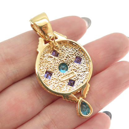 925 Sterling Silver Gold Plated Blue & Purple Multi-Cut C Z Pendant